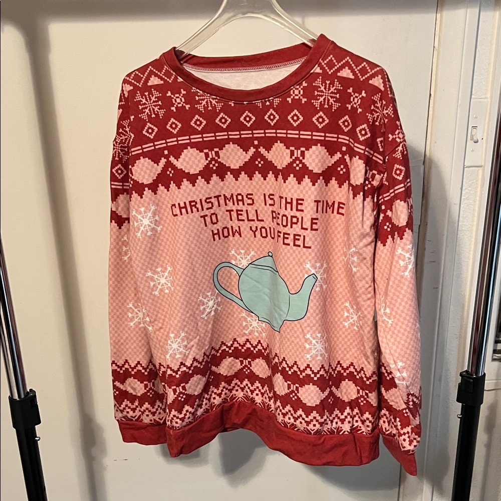 Red and Pink Christmas Sweater with Teapot Design